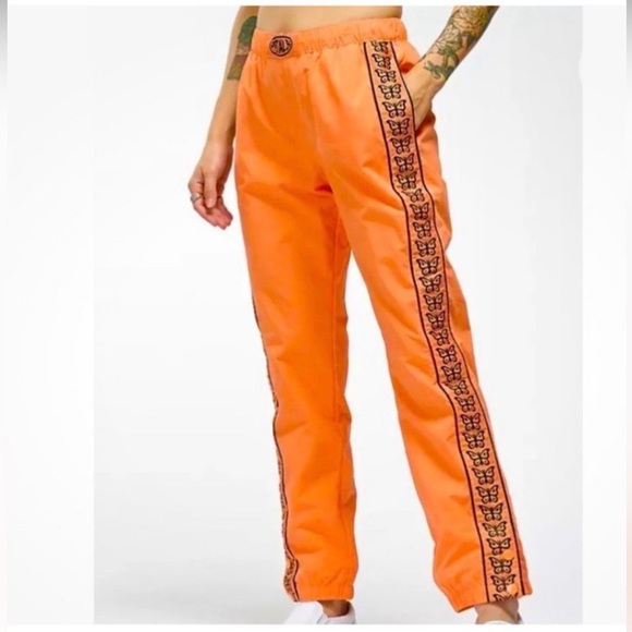 Petals and Peacock Orange Butterflies Crinkle Track/Skate Snap Button Pants S - Picture 1 of 16